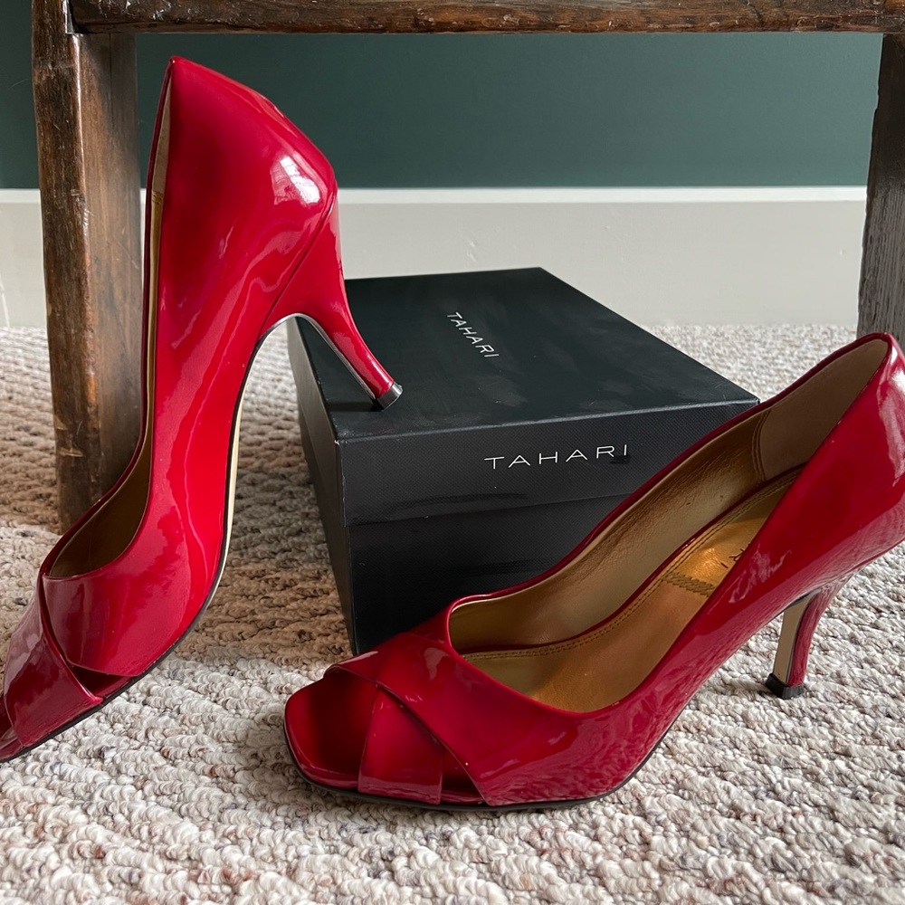 Tahari red patent leather peek-a-boo heels